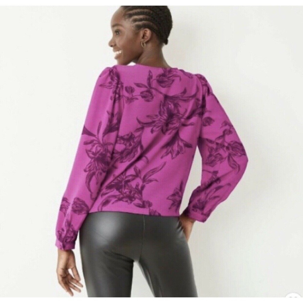 A New Day Purple Floral V Neck Puff Sleeve Wrap Top Size M - Picture 2 of 10